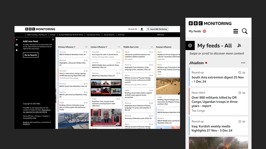 The redesigned My Feeds on desktop and on a phone: named feeds like Chinese influence and Middle East crisis sit side by side as columns on the wide screen, and stack into a single scrollable column on the phone.