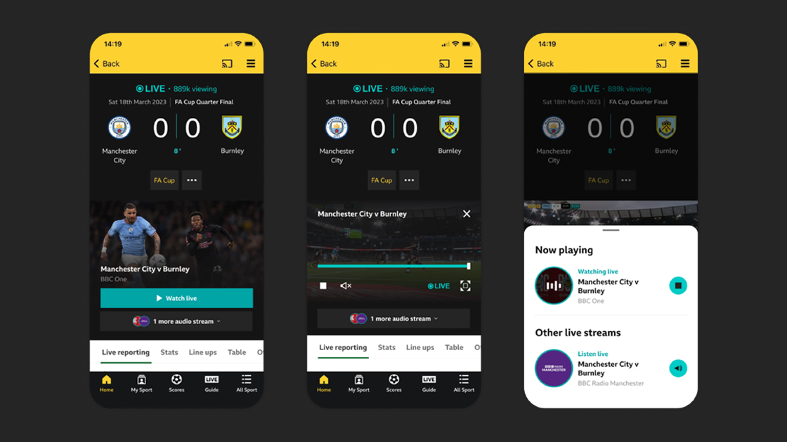 Three phone screens from the native Live concept: a match page with a Watch live button, the same page with the video playing inline above the live reporting, and a Now playing sheet listing the other live streams for the match.