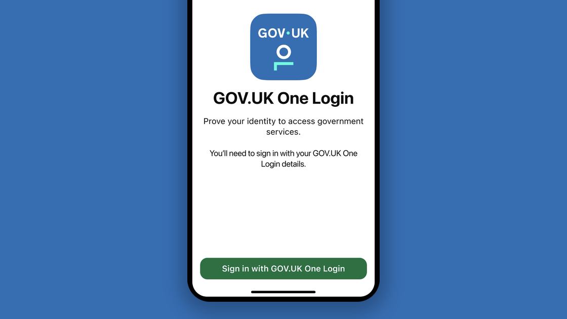 The GOV.UK One Login app's start screen: the service name, two short lines saying what it is for, and a single green sign-in button held at the foot of the phone.